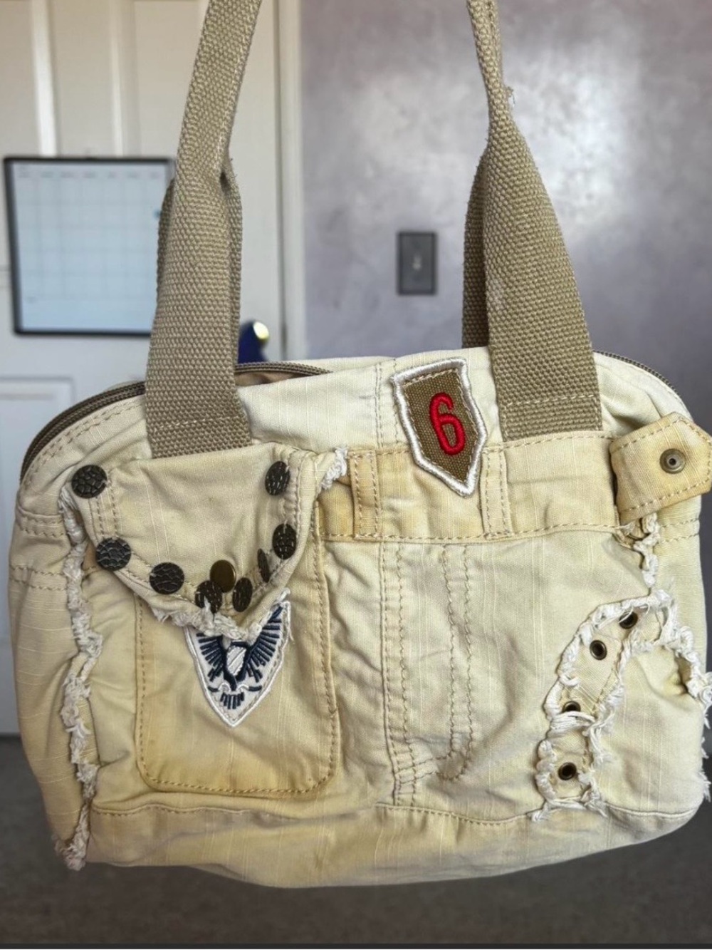 Cream and tan vintage cargo bag - unique distressed look